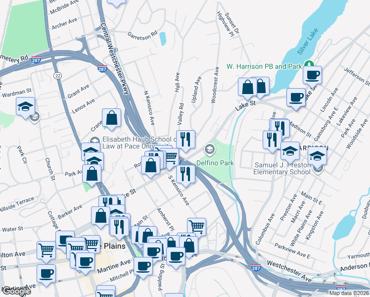 map of restaurants, bars, coffee shops, grocery stores, and more near 2 Valley Road in White Plains