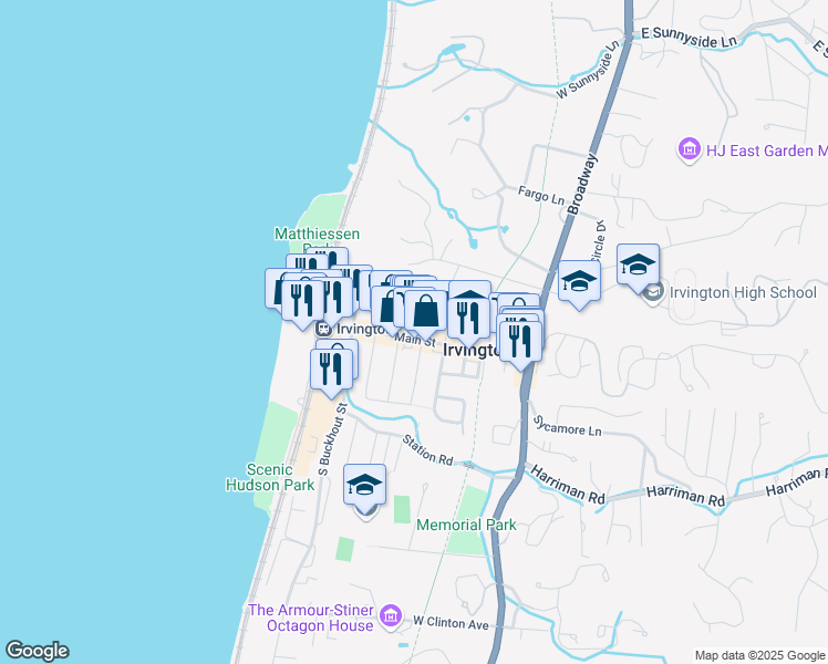 map of restaurants, bars, coffee shops, grocery stores, and more near 16 North Eckar Street in Irvington