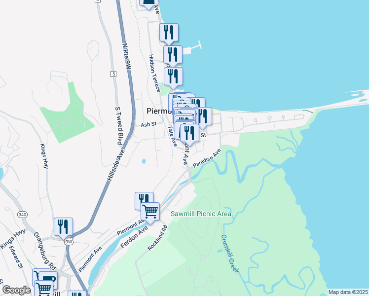 map of restaurants, bars, coffee shops, grocery stores, and more near 32 Tate Avenue in Piermont