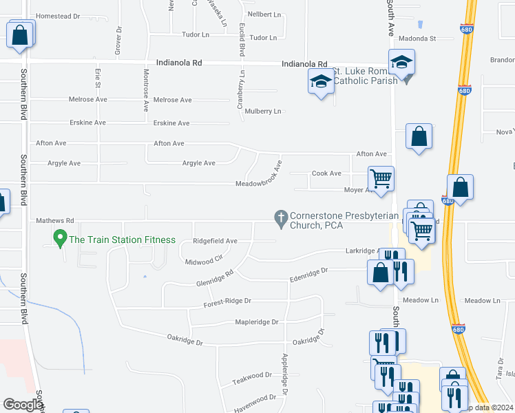 map of restaurants, bars, coffee shops, grocery stores, and more near 447 Meadowbrook Avenue in Youngstown
