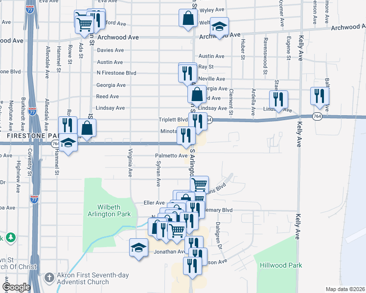 map of restaurants, bars, coffee shops, grocery stores, and more near 953 East Wilbeth Road in Akron