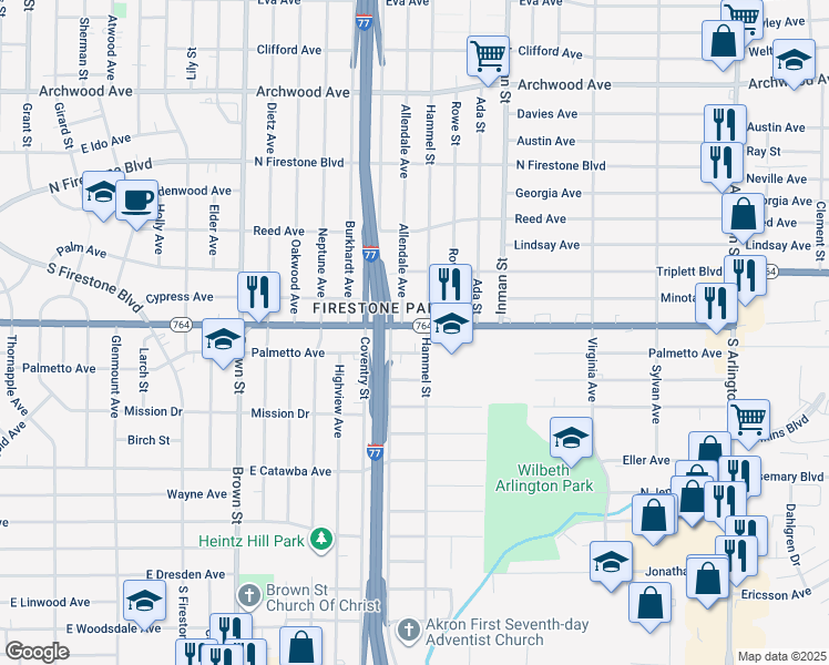 map of restaurants, bars, coffee shops, grocery stores, and more near 631 East Wilbeth Road in Akron