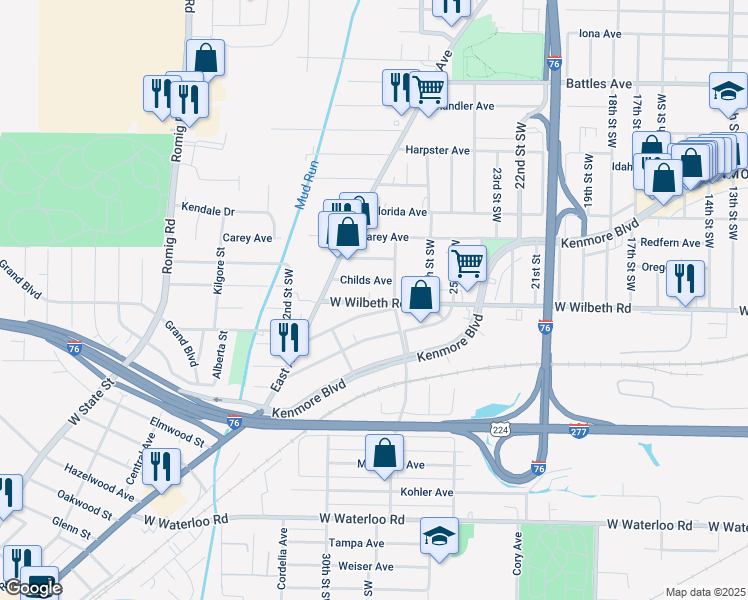 map of restaurants, bars, coffee shops, grocery stores, and more near 1272 Childs Avenue in Akron