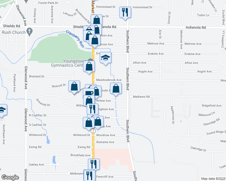 map of restaurants, bars, coffee shops, grocery stores, and more near 75 Gertrude Avenue in Boardman