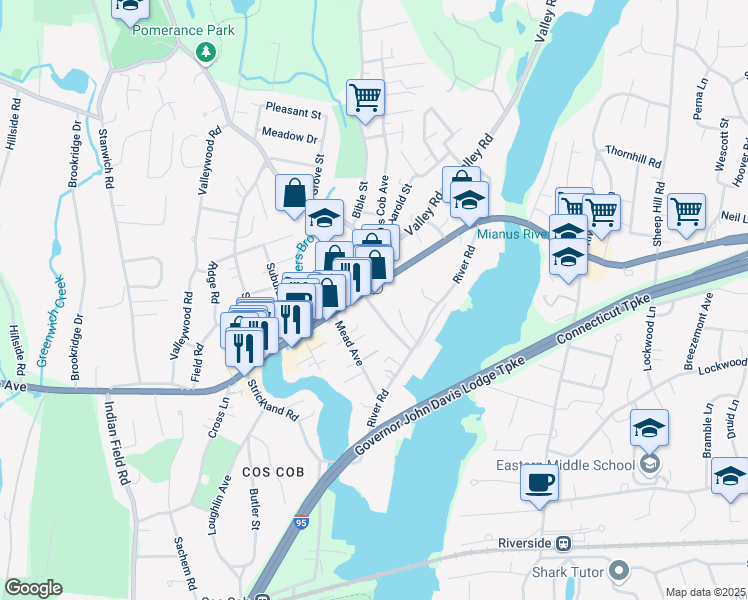 map of restaurants, bars, coffee shops, grocery stores, and more near 392 East Putnam Avenue in Greenwich