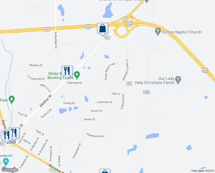 map of restaurants, bars, coffee shops, grocery stores, and more near 624-664 Highland Drive in Lodi