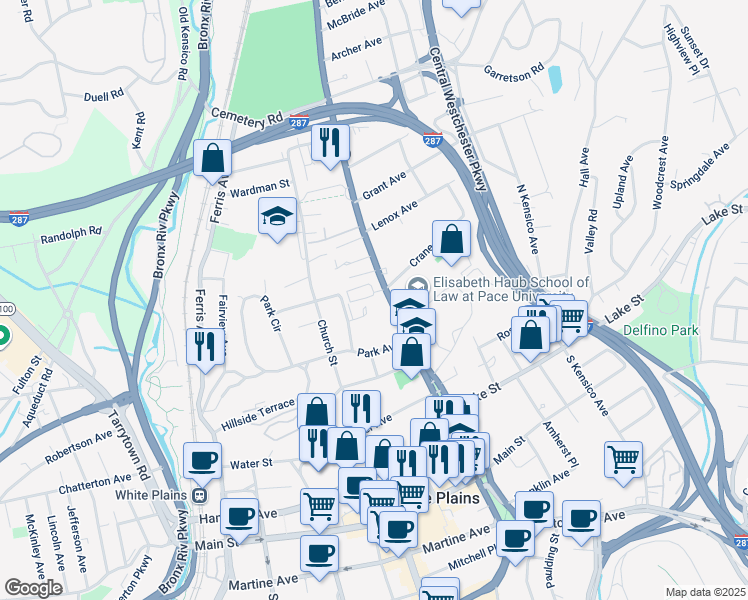 map of restaurants, bars, coffee shops, grocery stores, and more near 11 Crane Avenue in White Plains