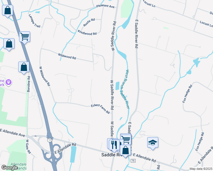map of restaurants, bars, coffee shops, grocery stores, and more near 183 West Saddle River Road in Saddle River