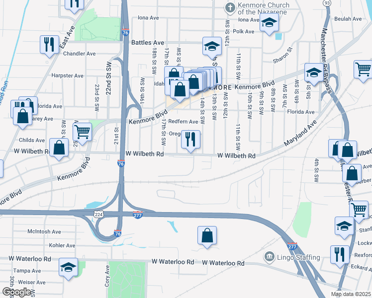 map of restaurants, bars, coffee shops, grocery stores, and more near 2350 15th Street Southwest in Akron