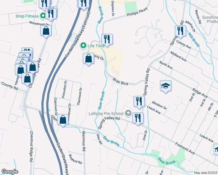 map of restaurants, bars, coffee shops, grocery stores, and more near 225 Brae Boulevard in Park Ridge
