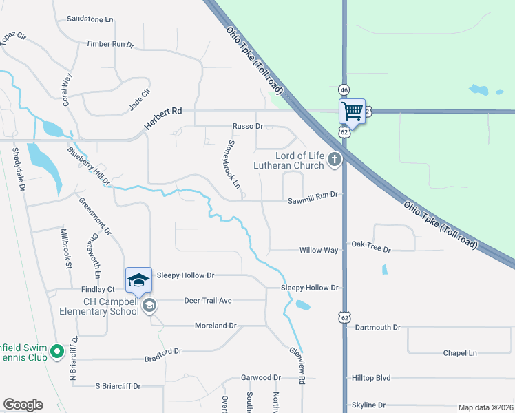 map of restaurants, bars, coffee shops, grocery stores, and more near 131 Sawmill Run Drive in Canfield