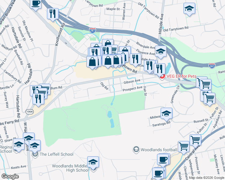 map of restaurants, bars, coffee shops, grocery stores, and more near 135 Gibson Avenue in White Plains