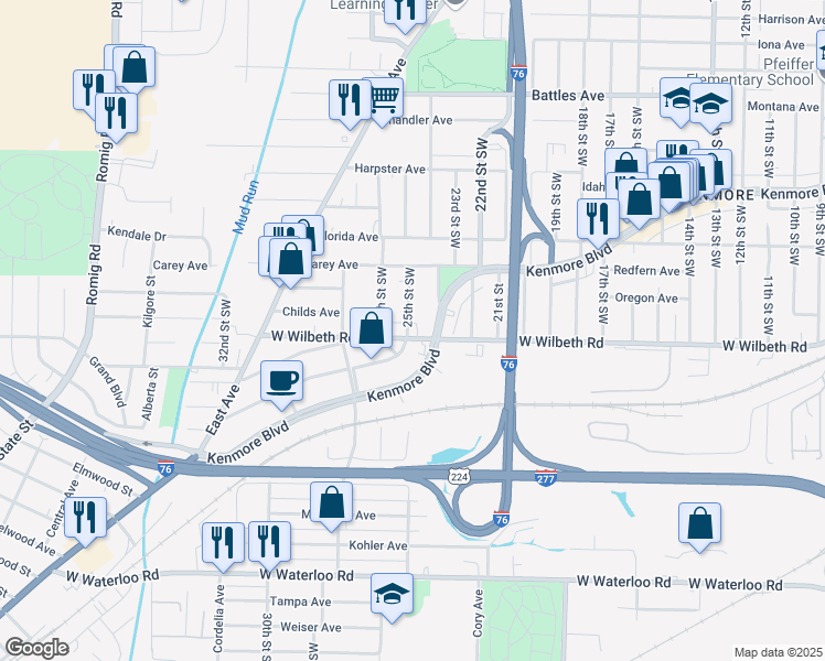 map of restaurants, bars, coffee shops, grocery stores, and more near 2353 25th Street Southwest in Akron