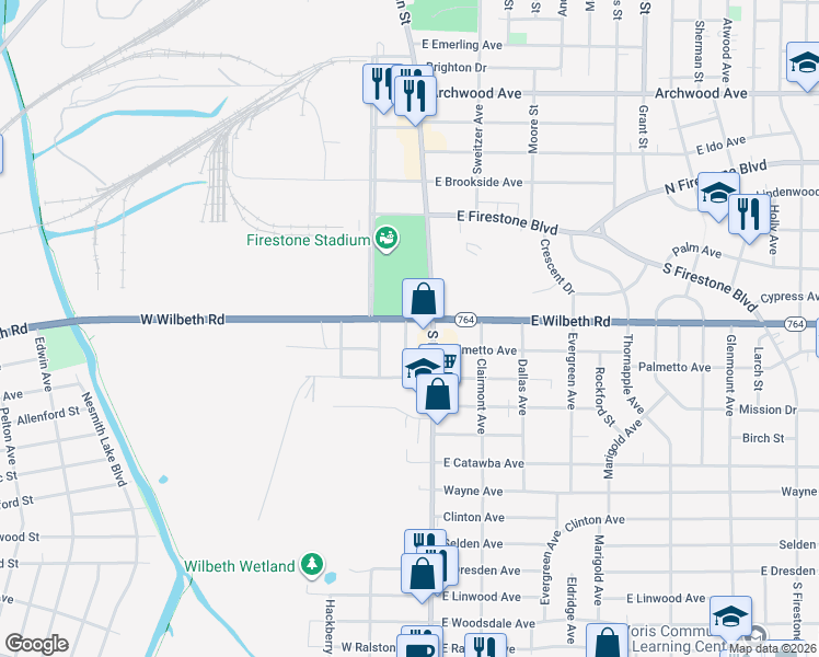 map of restaurants, bars, coffee shops, grocery stores, and more near 28 West Wilbeth Road in Akron