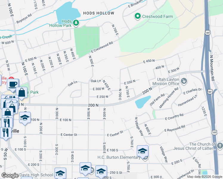 map of restaurants, bars, coffee shops, grocery stores, and more near 314 North 650 East in Kaysville