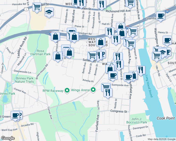map of restaurants, bars, coffee shops, grocery stores, and more near 31 Durant Street in Stamford
