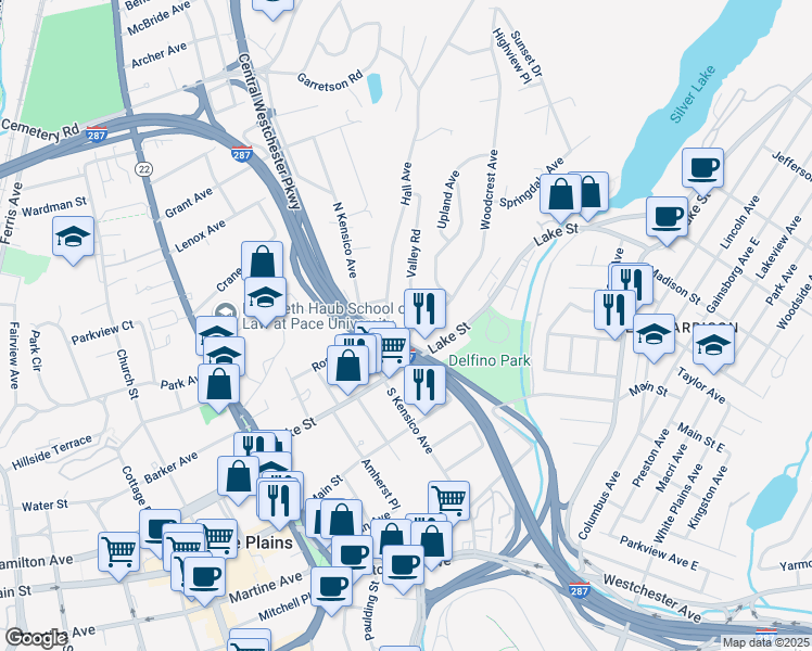 map of restaurants, bars, coffee shops, grocery stores, and more near 2 Valley Road in White Plains