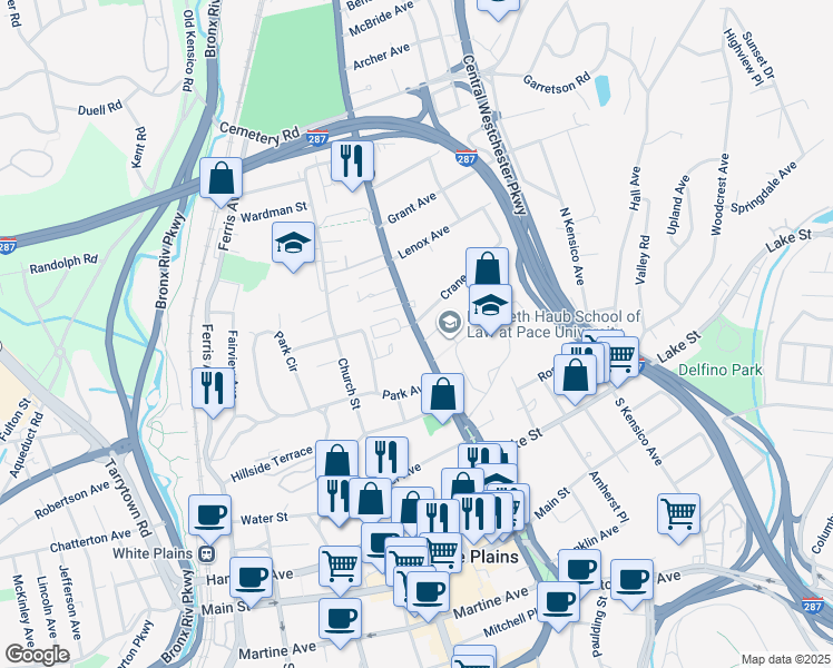 map of restaurants, bars, coffee shops, grocery stores, and more near 11 Crane Avenue in White Plains