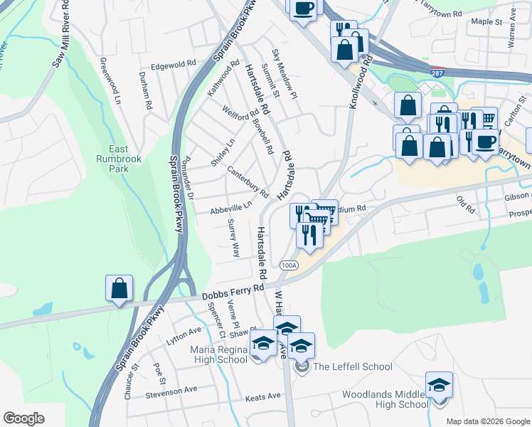 map of restaurants, bars, coffee shops, grocery stores, and more near 744 Hartsdale Road in White Plains