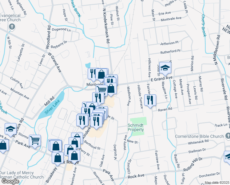 map of restaurants, bars, coffee shops, grocery stores, and more near 8 North Kinderkamack Road in Montvale