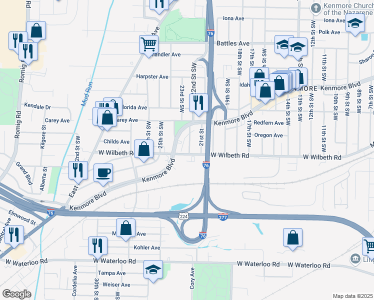 map of restaurants, bars, coffee shops, grocery stores, and more near 2342 22nd Street Southwest in Akron