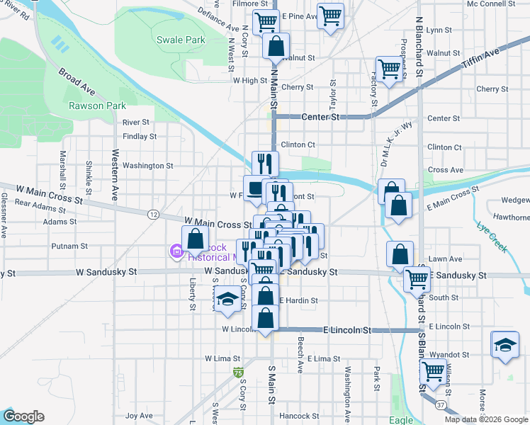 map of restaurants, bars, coffee shops, grocery stores, and more near 214 S Main St in Findlay
