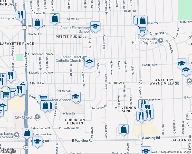 map of restaurants, bars, coffee shops, grocery stores, and more near 1128 Maple Grove Avenue in Fort Wayne
