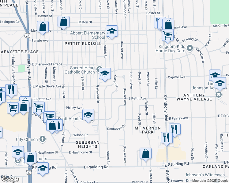 map of restaurants, bars, coffee shops, grocery stores, and more near 4845 Oliver Street in Fort Wayne