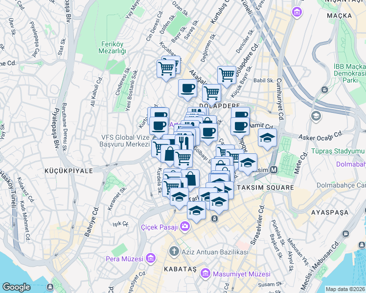 map of restaurants, bars, coffee shops, grocery stores, and more near No:25 Kaskaval Sokak in Beyoğlu