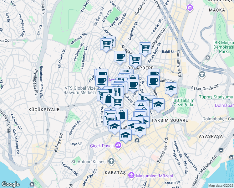 map of restaurants, bars, coffee shops, grocery stores, and more near No:25 Kaskaval Sokak in Beyoğlu