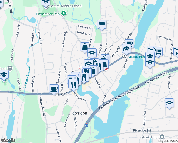 map of restaurants, bars, coffee shops, grocery stores, and more near 300 East Putnam Avenue in Greenwich