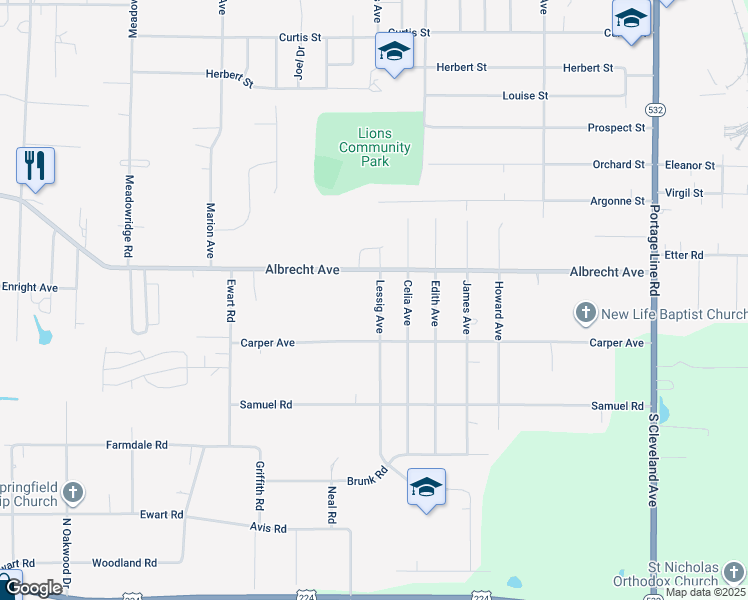 map of restaurants, bars, coffee shops, grocery stores, and more near 414 Lessig Avenue in Akron