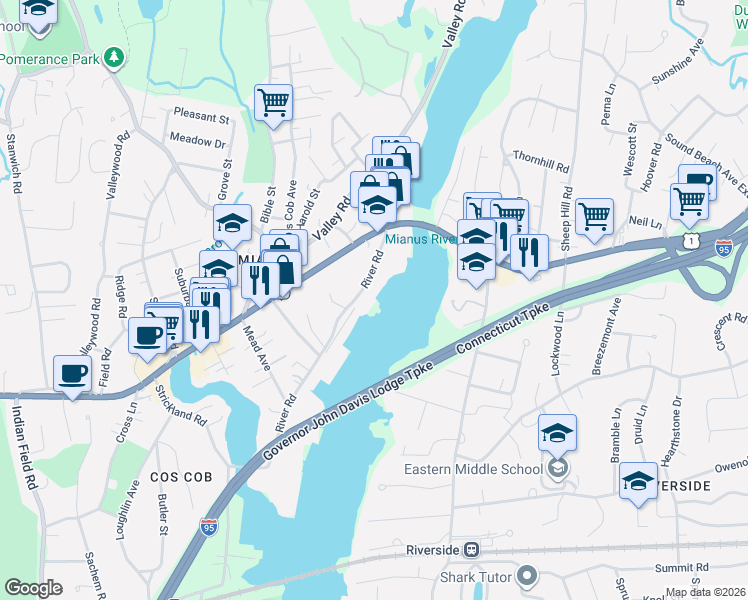 map of restaurants, bars, coffee shops, grocery stores, and more near 91 River Road in Greenwich