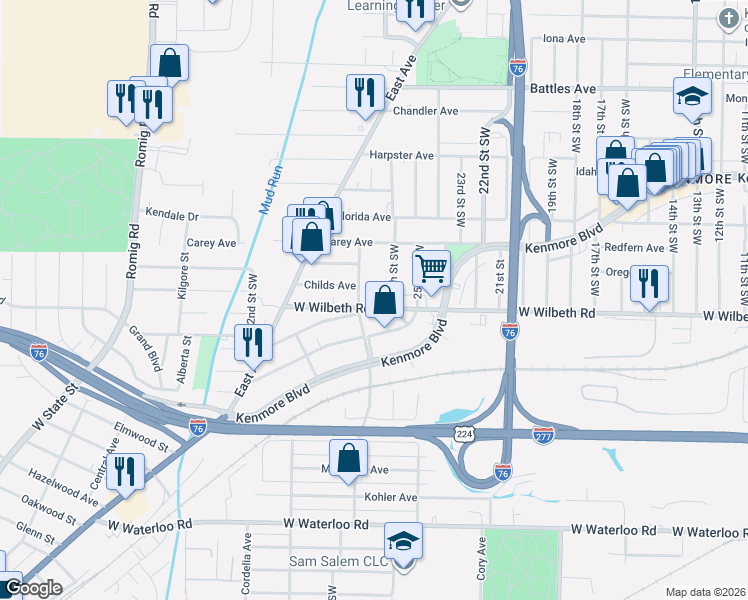 map of restaurants, bars, coffee shops, grocery stores, and more near 1231 West Wilbeth Road in Akron