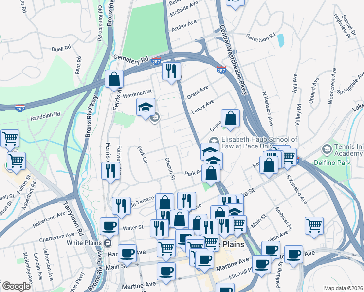 map of restaurants, bars, coffee shops, grocery stores, and more near 89 North Broadway in White Plains