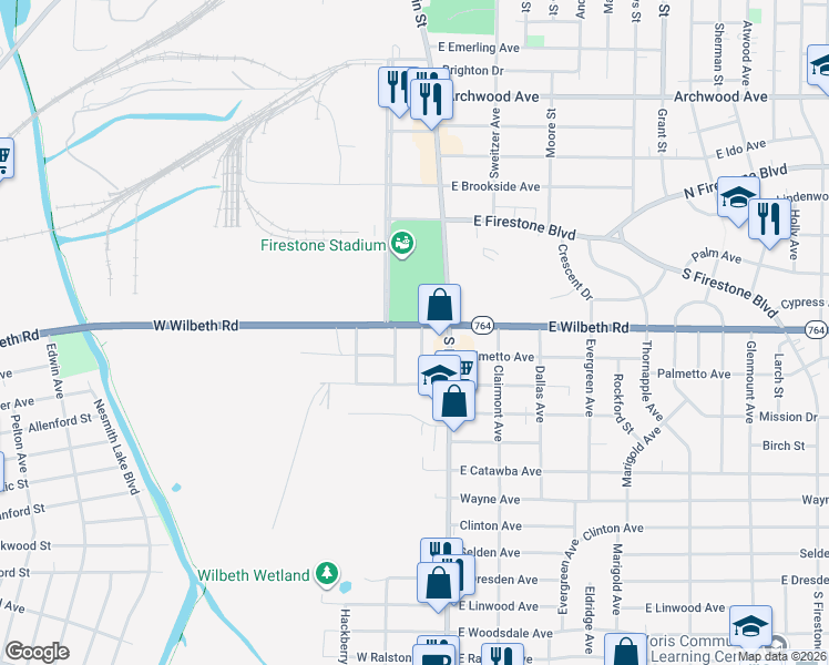 map of restaurants, bars, coffee shops, grocery stores, and more near 28 West Wilbeth Road in Akron