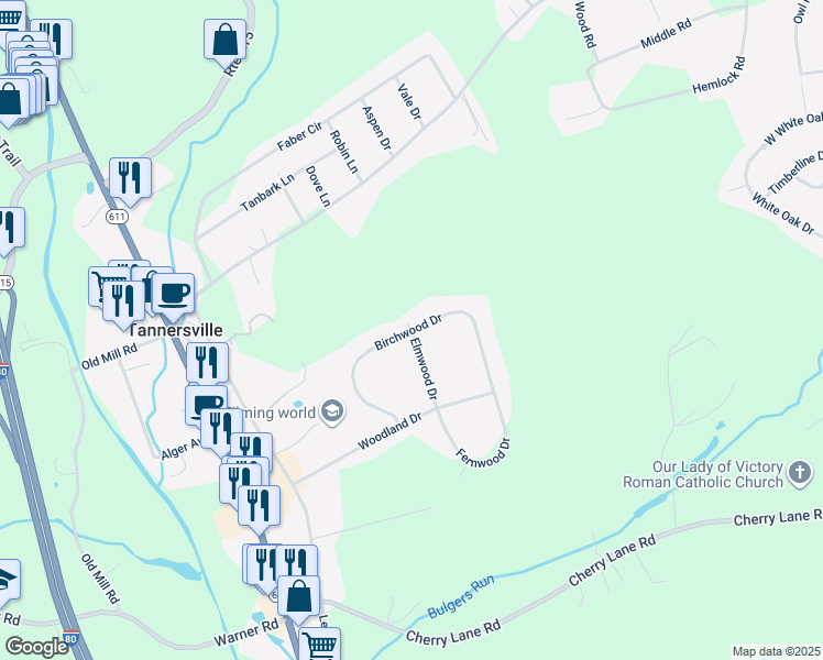 map of restaurants, bars, coffee shops, grocery stores, and more near Birchwood Drive in Tannersville