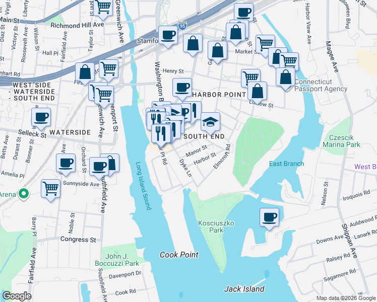 map of restaurants, bars, coffee shops, grocery stores, and more near 808 Pacific Street in Stamford