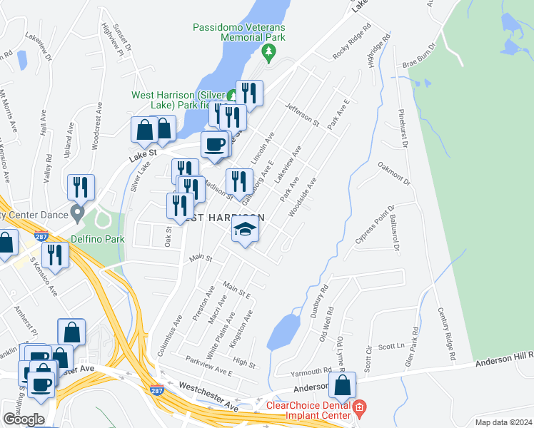 map of restaurants, bars, coffee shops, grocery stores, and more near 60 Park Avenue in Harrison