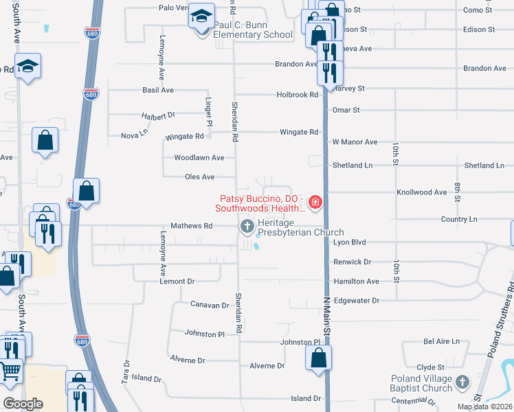 map of restaurants, bars, coffee shops, grocery stores, and more near 5751 Sheridan Road in Poland