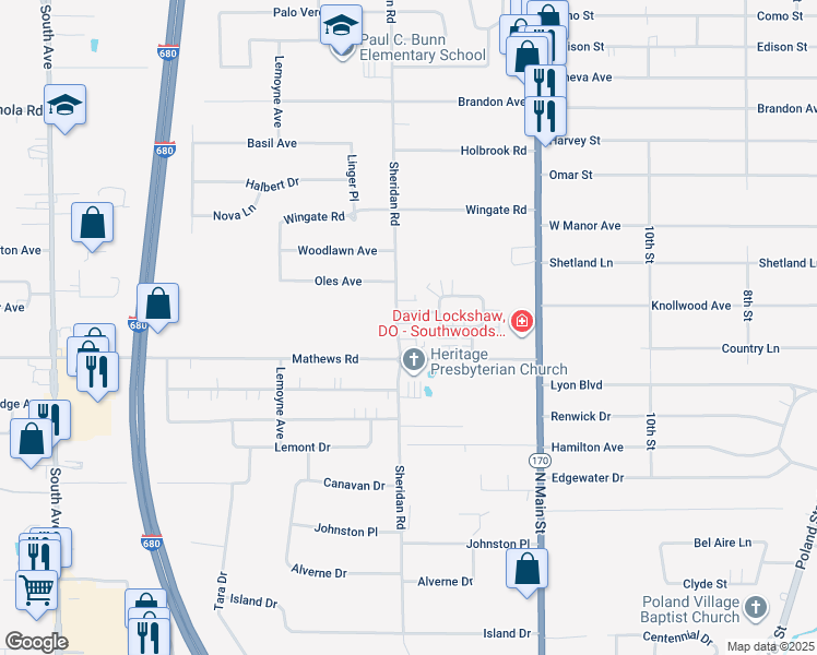 map of restaurants, bars, coffee shops, grocery stores, and more near 5751 Sheridan Road in Poland