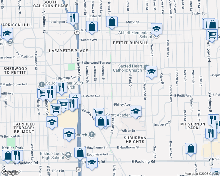 map of restaurants, bars, coffee shops, grocery stores, and more near 614 East Maplegrove Avenue in Fort Wayne