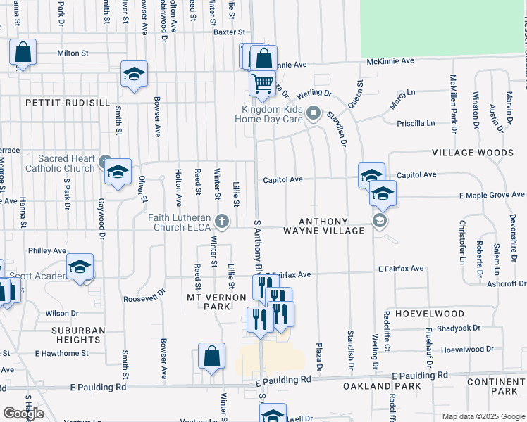 map of restaurants, bars, coffee shops, grocery stores, and more near 4819 South Anthony Boulevard in Fort Wayne