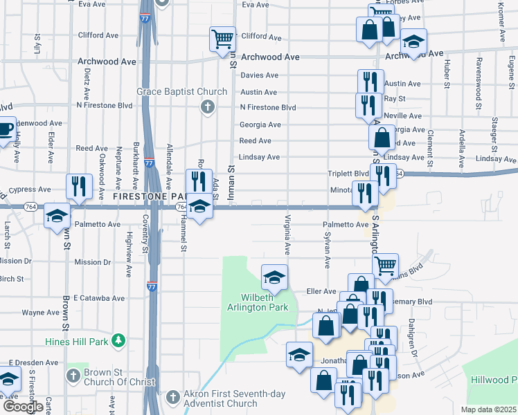 map of restaurants, bars, coffee shops, grocery stores, and more near 766 East Wilbeth Road in Akron