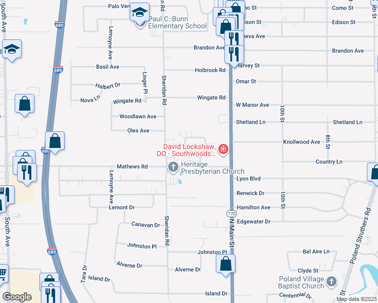 map of restaurants, bars, coffee shops, grocery stores, and more near 1986 Wolosyn Circle in Youngstown