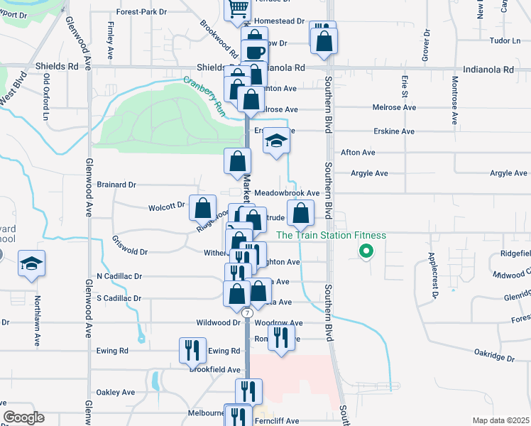 map of restaurants, bars, coffee shops, grocery stores, and more near 26 Gertrude Avenue in Youngstown