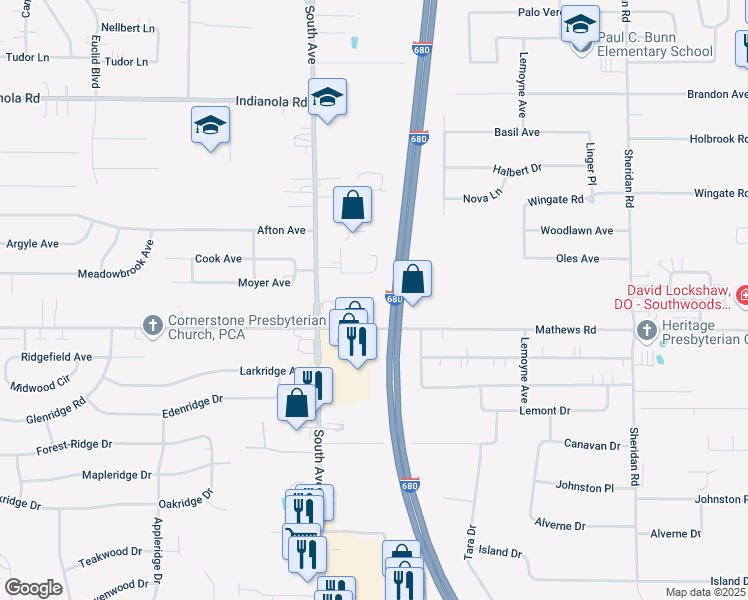 map of restaurants, bars, coffee shops, grocery stores, and more near I-680 Ron Lane in Youngstown
