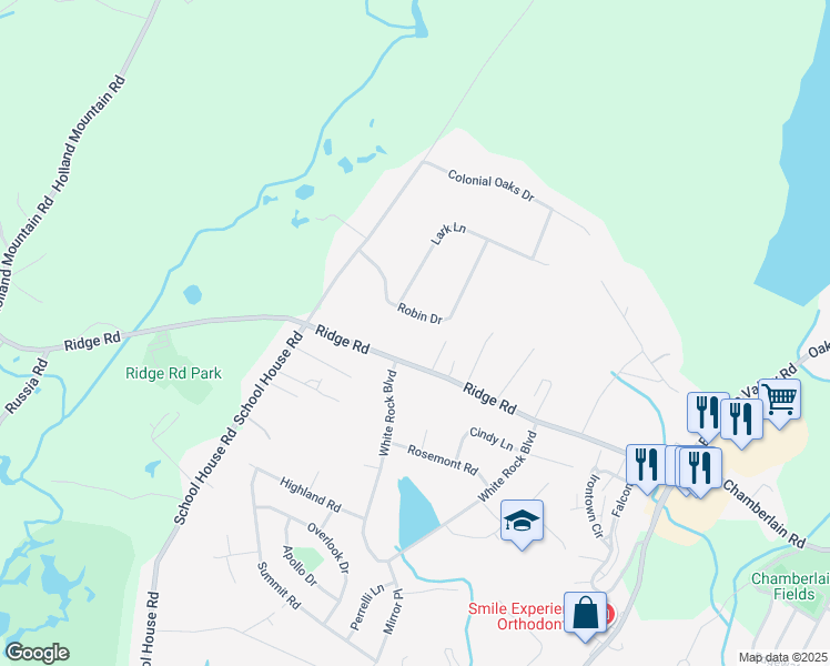 map of restaurants, bars, coffee shops, grocery stores, and more near 80 Ridge Road in Jefferson