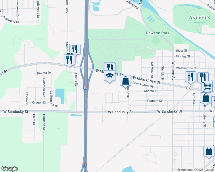 map of restaurants, bars, coffee shops, grocery stores, and more near 1219 West Main Cross Street in Findlay