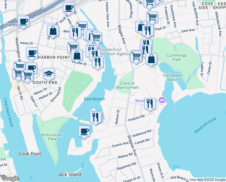 map of restaurants, bars, coffee shops, grocery stores, and more near 43 Harbor Drive in Stamford